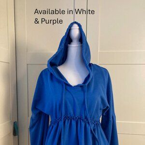Top, Tunic, Blouse in blue, white & purple, hooded all size Medium, waist gather